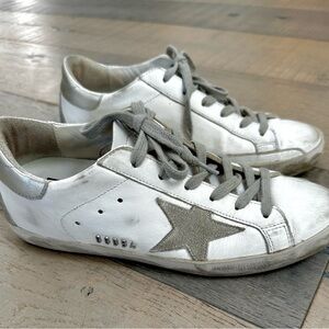 Golden Goose Superstar White/Silver Distressed Leather Sneakers Size 37